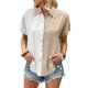 thumbnail image 1 of Camisa de manga corta con franjas de diferente Color para mujer, blusa holgada con cuello vuelto y bloques de Color con una sola botonadura, 1 of 5