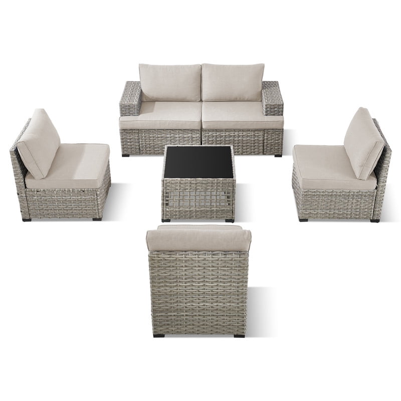 PARKWELL 6 Pieces Patio Furniture Sets,Outdoor Modular Furniture Sectional Sofa Set with Coffee Table,All-Weather Rattan Wicker Conversation Set for Backyard Deck,Taupe/Beige