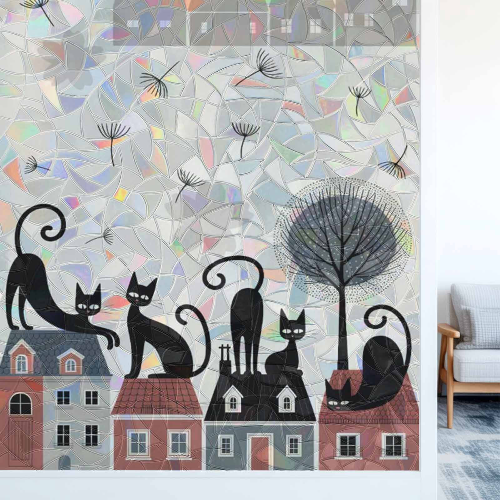 Rainbow Window Privacy Film, Black Cat Static Cling Decorative Window Film PVC, Cartoon Modern Art No Glue UV Blocking Glass Covering, Removable Stained Glass Sticker 23.6''x59''