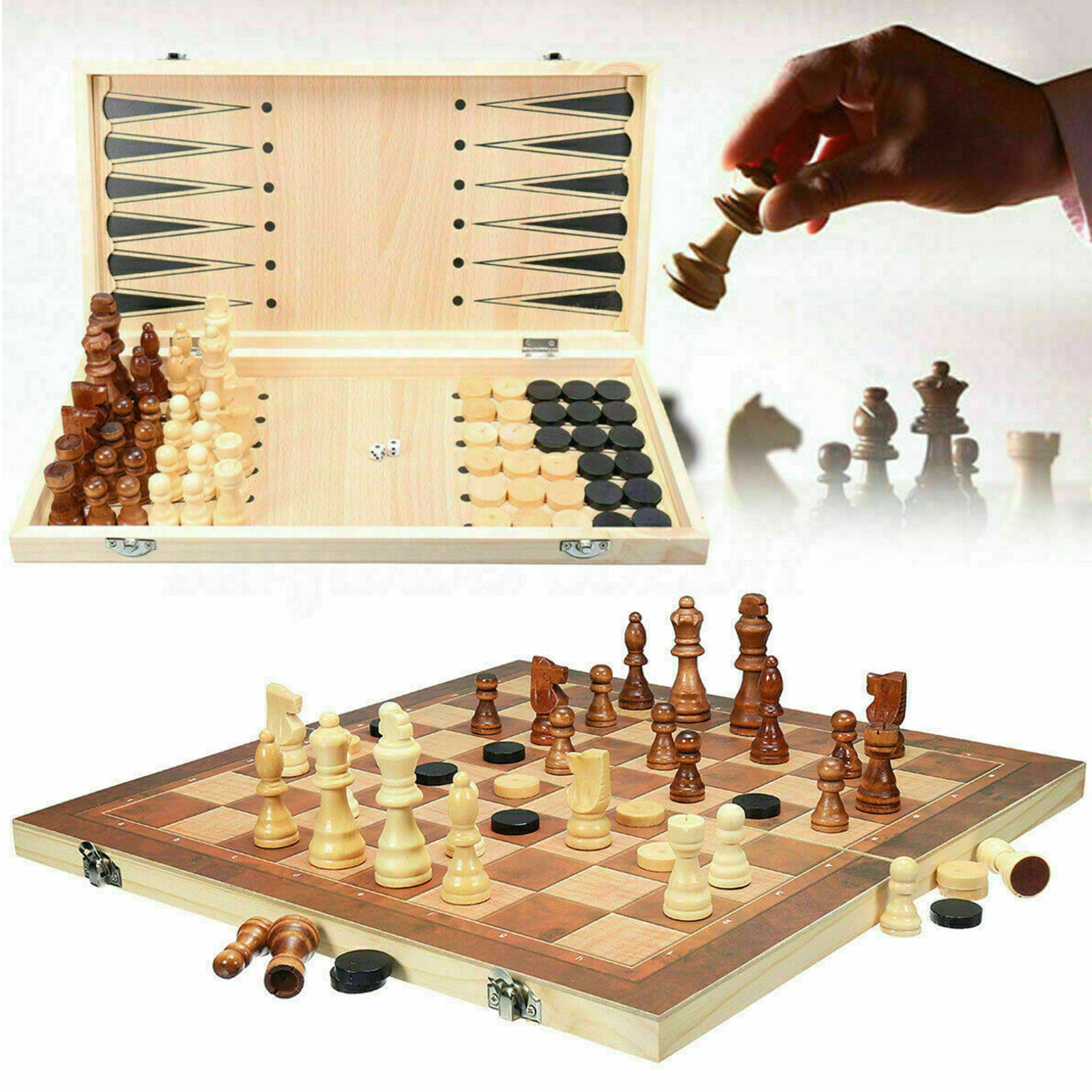 Portable chess wood pieces and board-simply version with wood foldable box board 