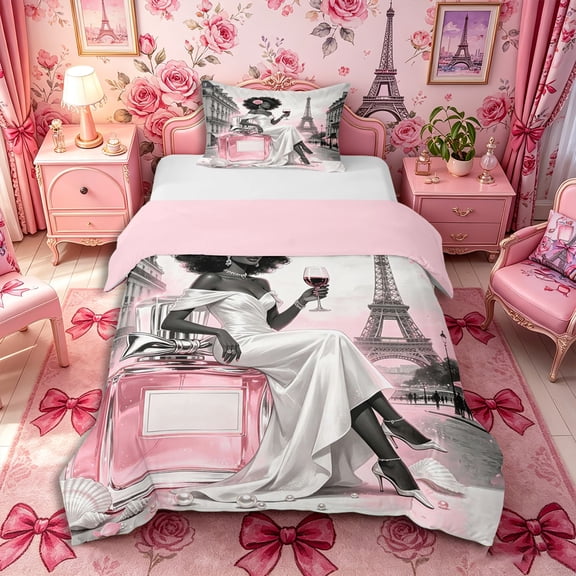 Castle Fairy Elegant Black Woman Twin Duvet Cover,Romantic Paris Eiffel Tower Twin Bedding,Pink,Pink Reversible,1 Duvet Cover and 1 Pillowcase