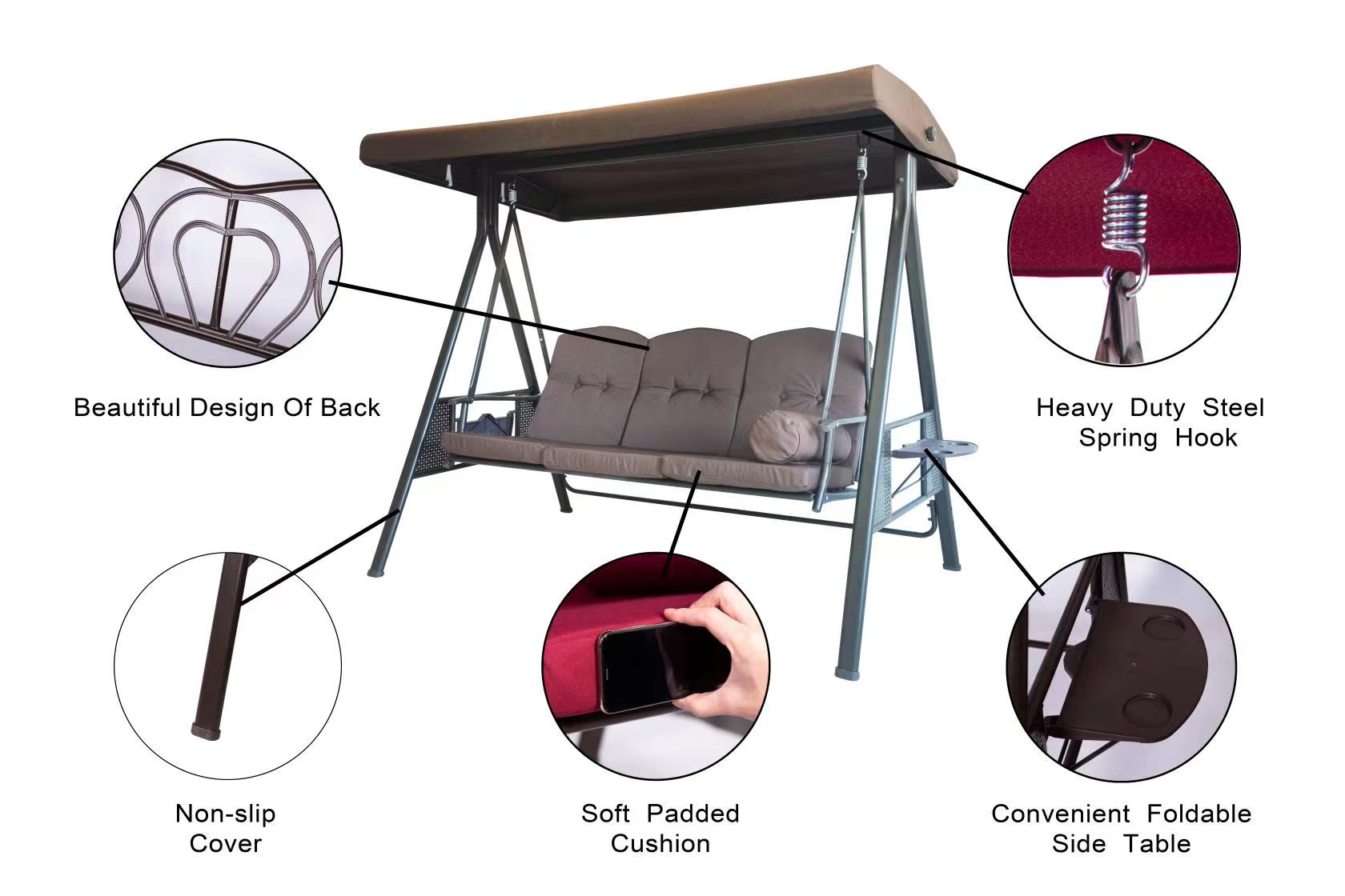 Luckyberry 3-Seat Outdoor Large Canopy Swing Glider, Porch Patio Hammock Lounge Chair, Backyard ,Garden Adjustable Shade, Removable Cushions - Brown… - image 5 of 6