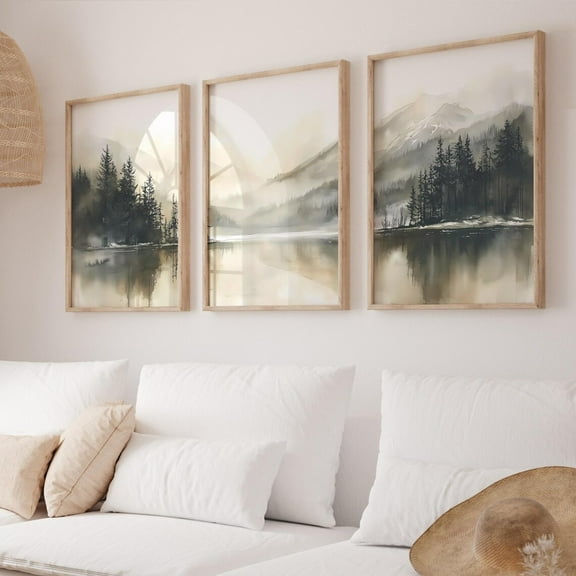 Luvia Moody Landscape Triptych Art, Vintage Forest Mountain 3 Piece, Neutral Gray Nature Poster, Scenery, Modern Wall Decor Set 3 Prints 8x12 UNFRAMED