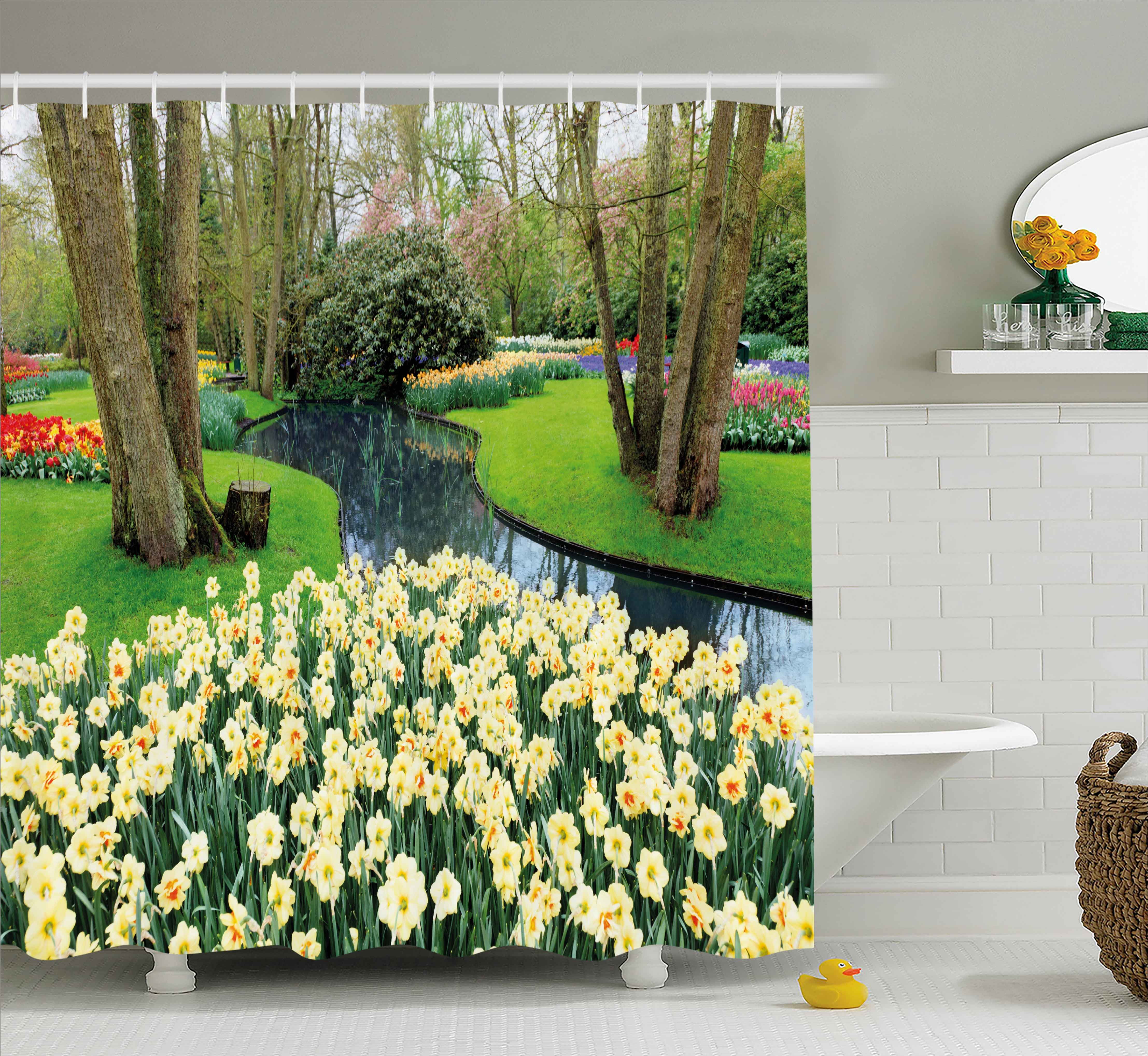 Spring Shower Curtain, Flower Garden in Recreation Park with Fresh