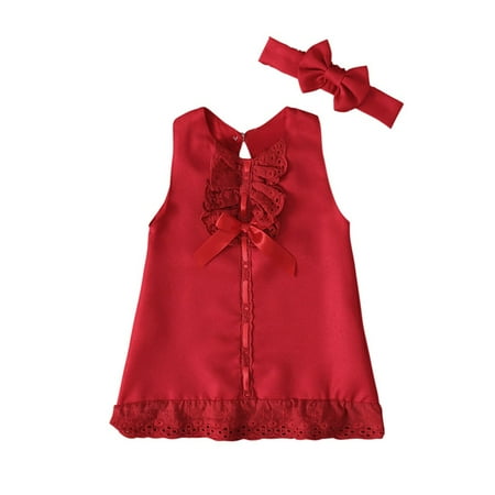 

QYZEU Red Lace Dress for Girls Dark Dress for Toddler Maxi Outfit Baby Dress+Headband Girl Set Casual Sleeveless Bow Girls Dress&Skirt