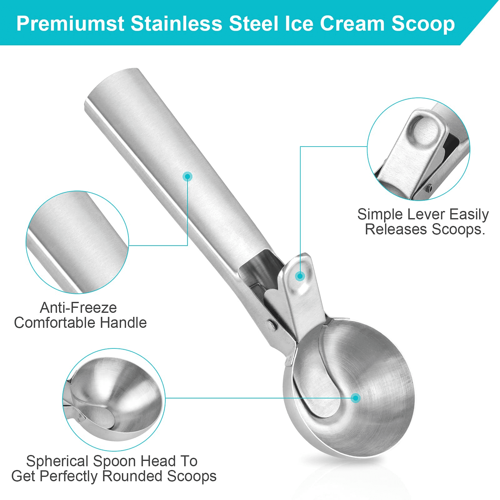 Ice Cream Serving Spoon Scooper with Trigger Release, 5cm Diameter