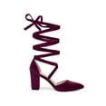 thumbnail image 3 of Allegra K Women's Velvet Lace Up Block Heels Pointed Toe Pumps Burgundy 9, 3 of 5