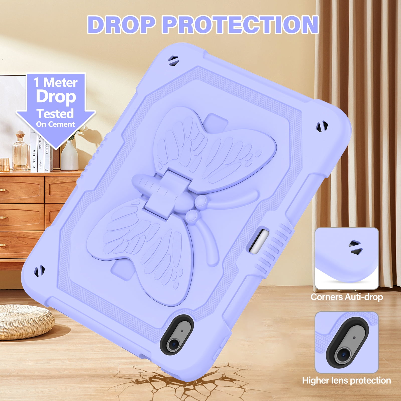 For iPad Air 11 M4 M3 M2 2026 2025 2024 Case, Cute Butterfly Design Heavy Duty Shockproof Shoulder Strap Pencil Holder Kickstand Bumper Kids Friendly Rugged Case for Apple iPad Air 11", Purple