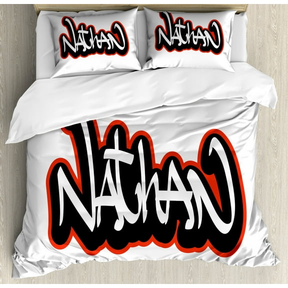 Nathan Queen Size Duvet Cover Set, Artistic Boys Name Graffito Wall Writing Design for Men Doodle Style, Decorative 3 Piece Bedding Set with 2 Pillow Shams, Vermilion Black and White, by Ambesonne