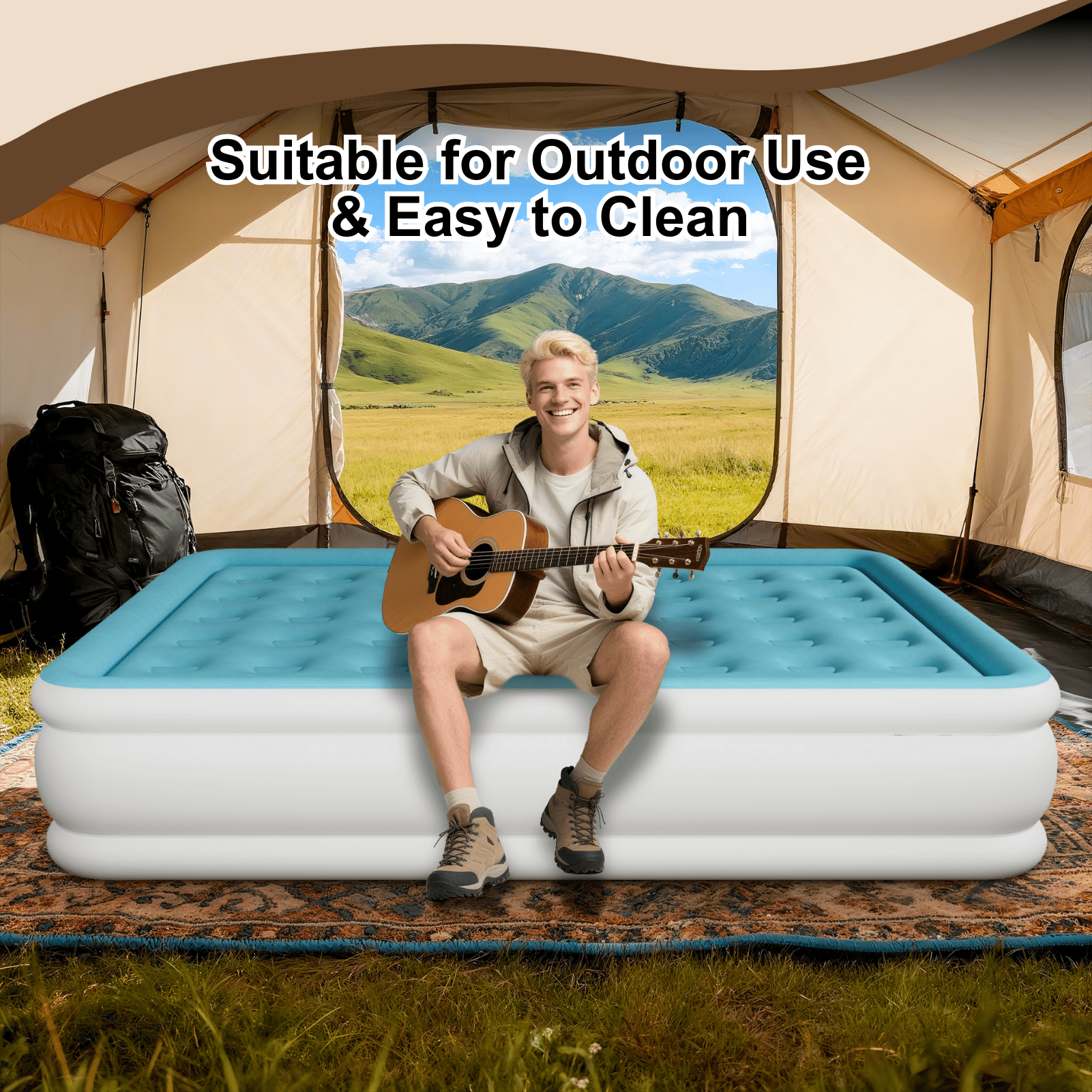 Queen Air Mattress with Built-in Pump - 18" Extra Thick Inflatable Bed for Camping & Home,Light Blue,3-Min Self Inflating with Carrying Bag.