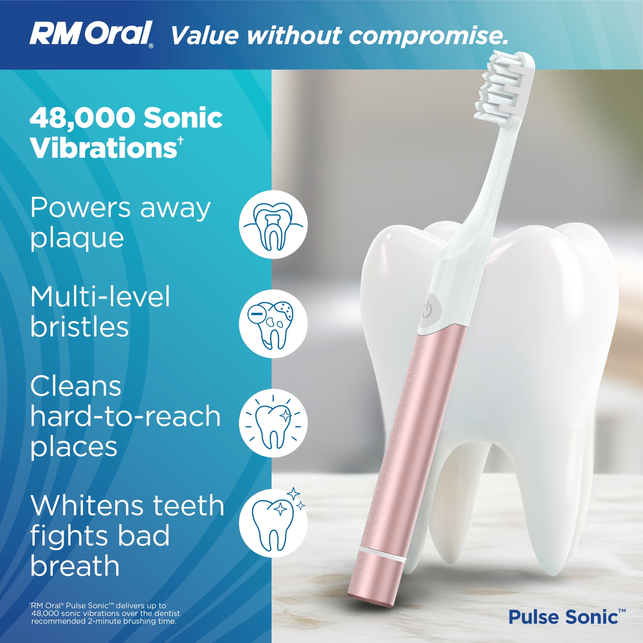 RM ORAL Pulse Sonic Powered Toothbrush, Metal Handle, Case, Soft - Rose-Gold