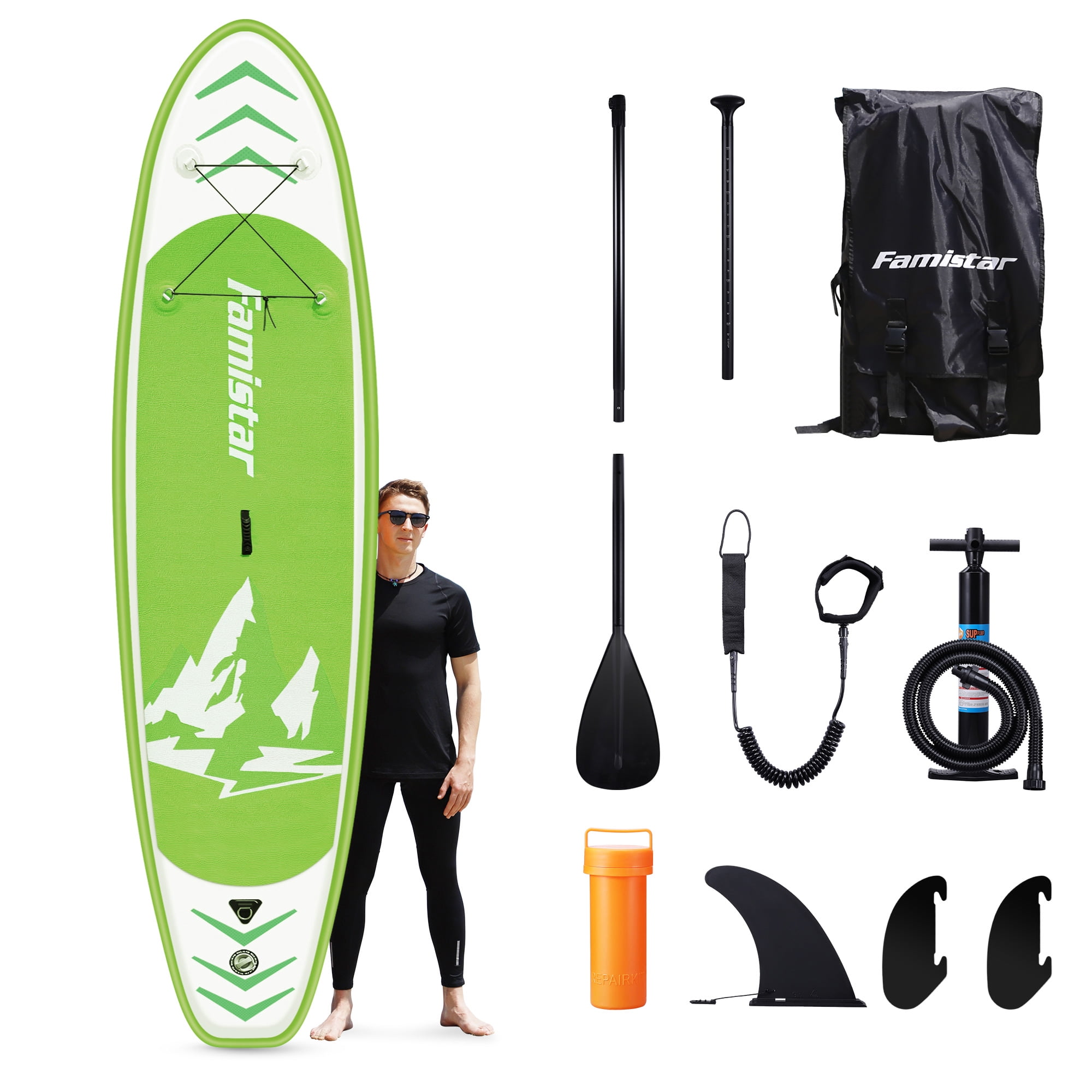 Famistar 10'10" Inflatable Stand Up Paddle Board SUP w/ 3 Fins, Adjustable Paddle, Pump & Carrying Backpack