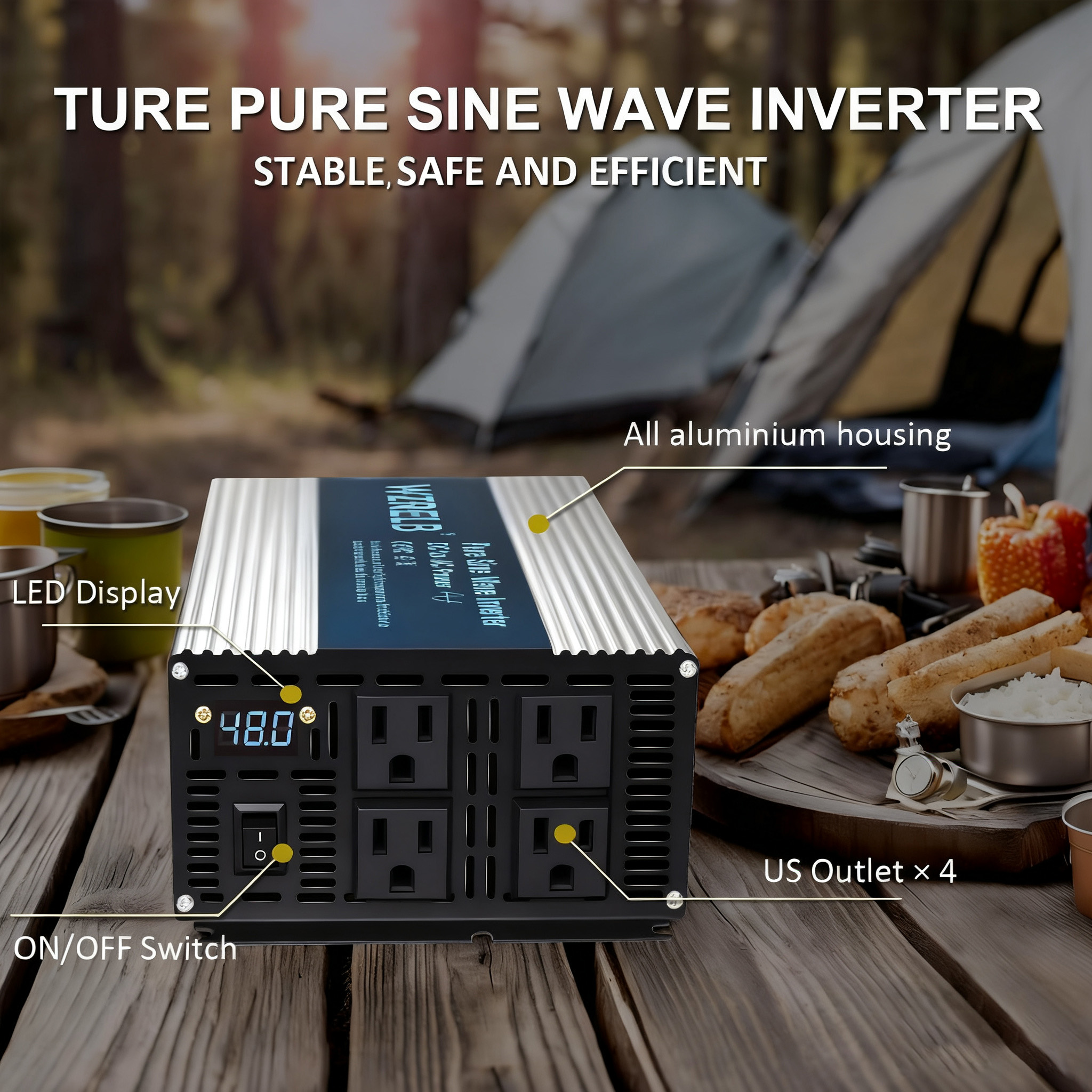 WZRELB 1500W Pure Sine Wave Inverter 48V DC to 110V 120V AC Power Converter with LED Display, Off-Grid Portable Power Inverter with 4 AC Outlets for Home, RV, Truck, Camping