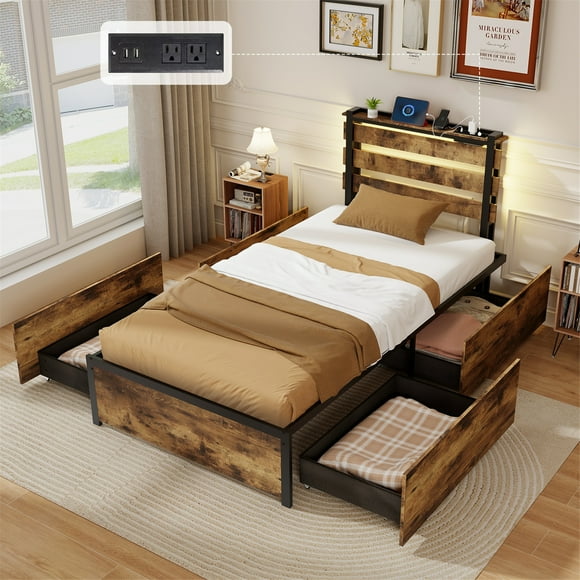 Gymax Twin Size Bed Frame w/ Drawers LED Lights Outlets & USB Ports Smart APP Control