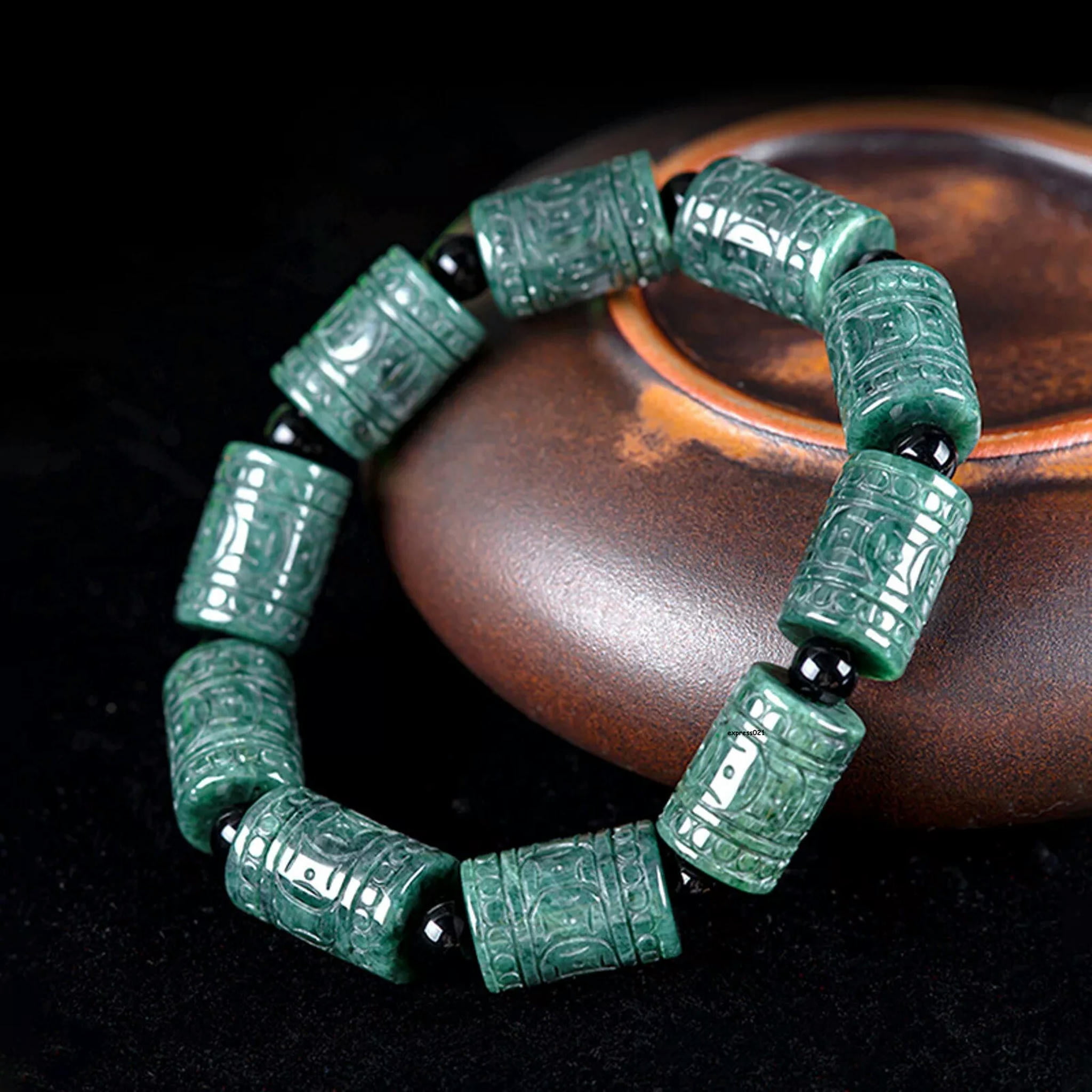HOOUN Natural Grade A Jade Jadeite Men Women Carved Coin Column Round Beads Bracelet