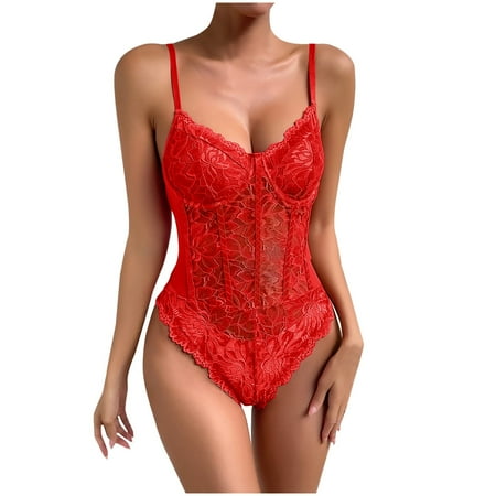 Penkiiy Women s Sexy Floral Lace Bodysuit Sheer Mesh Shapewear Skinny Top Camisole Corset Bodysuit Red Shapewear Tummy Smoothing