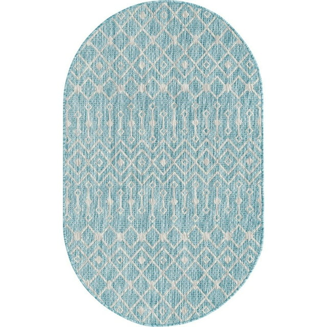 Unique Loom Outdoor Trellis Geometric Rug 3' 3 x 5' 3 Oval Aqua Blue/Ivory