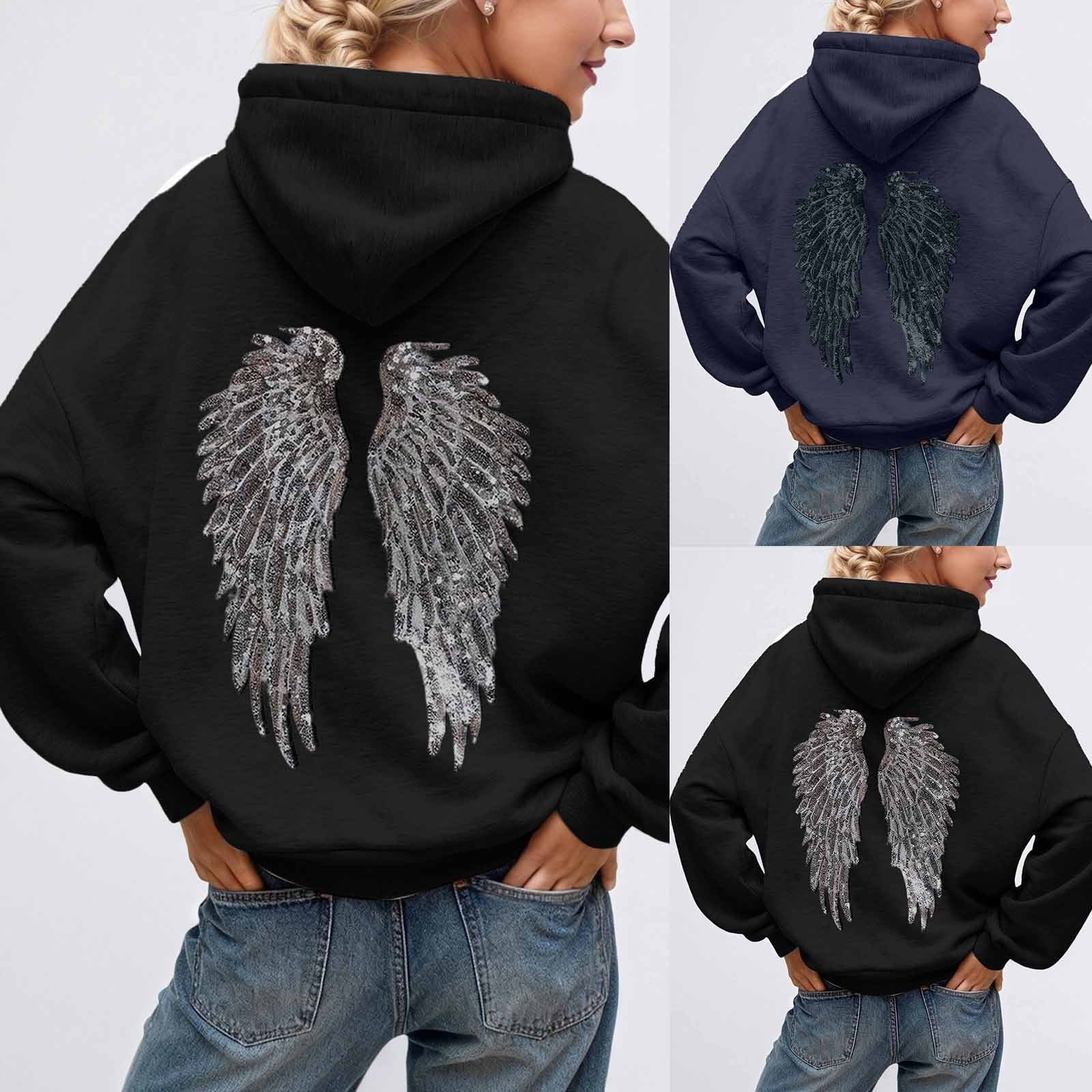 FASHOFT Womens Sequin Angel Wings Hoodie Trendy Long Sleeve Drop Shoulder Oversized Sweatshirt Baggy Drawstring Pullover Tops with Pocket Navy L