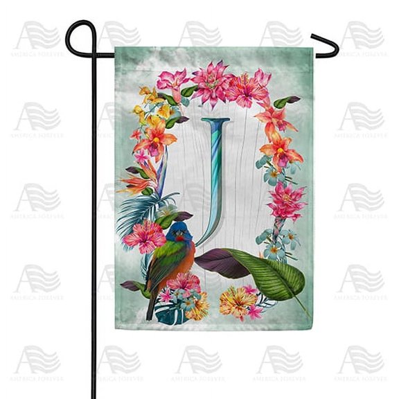 America Forever Summer Floral Wreath Monogram Garden Flag Letter J 12.5 x 18 inches Parrot Macaw Hibiscus Palm Leaves Double Sided Vertical Outdoor Yard Lawn Decorative Tropical Garden Flag
