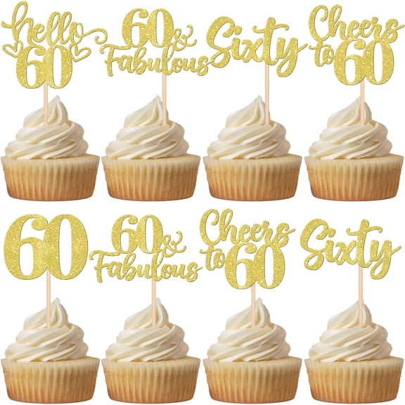 10 Pack Gold Glitter 60th Birthday Cupcake Toppers, Cheers to 60 Picks for 60th Birthday Party Cake Decorations Supplies