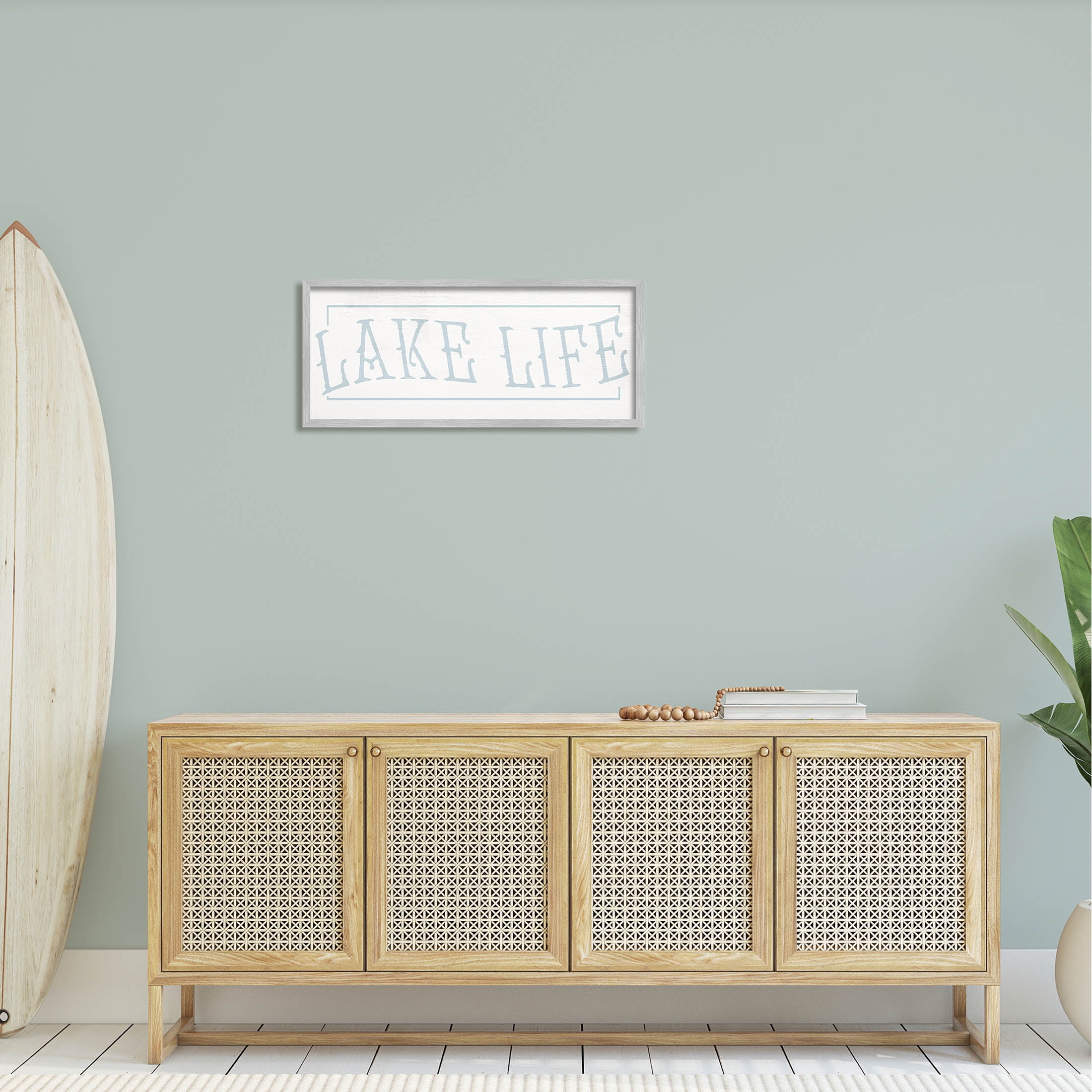 Lake Life Woodsy Cabin Sign Typography Graphic Art Gray Framed Art Print Wall Art