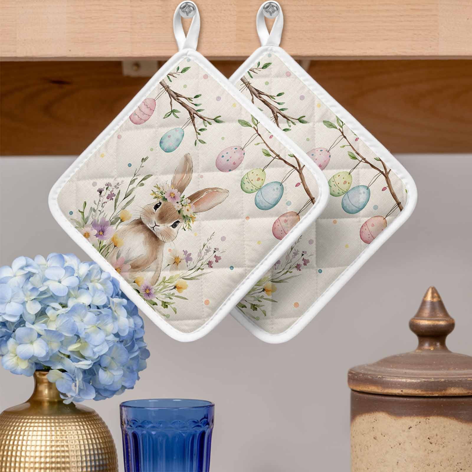 Bunny Easter Pot Holders for Kitchen Heatproof Potholder, 4 Pack Colorful Eggs Spring Floral Rustic Hot Pads Multipurpose Oven Pads Cloth Potholders Trivet for Cooking and Baking