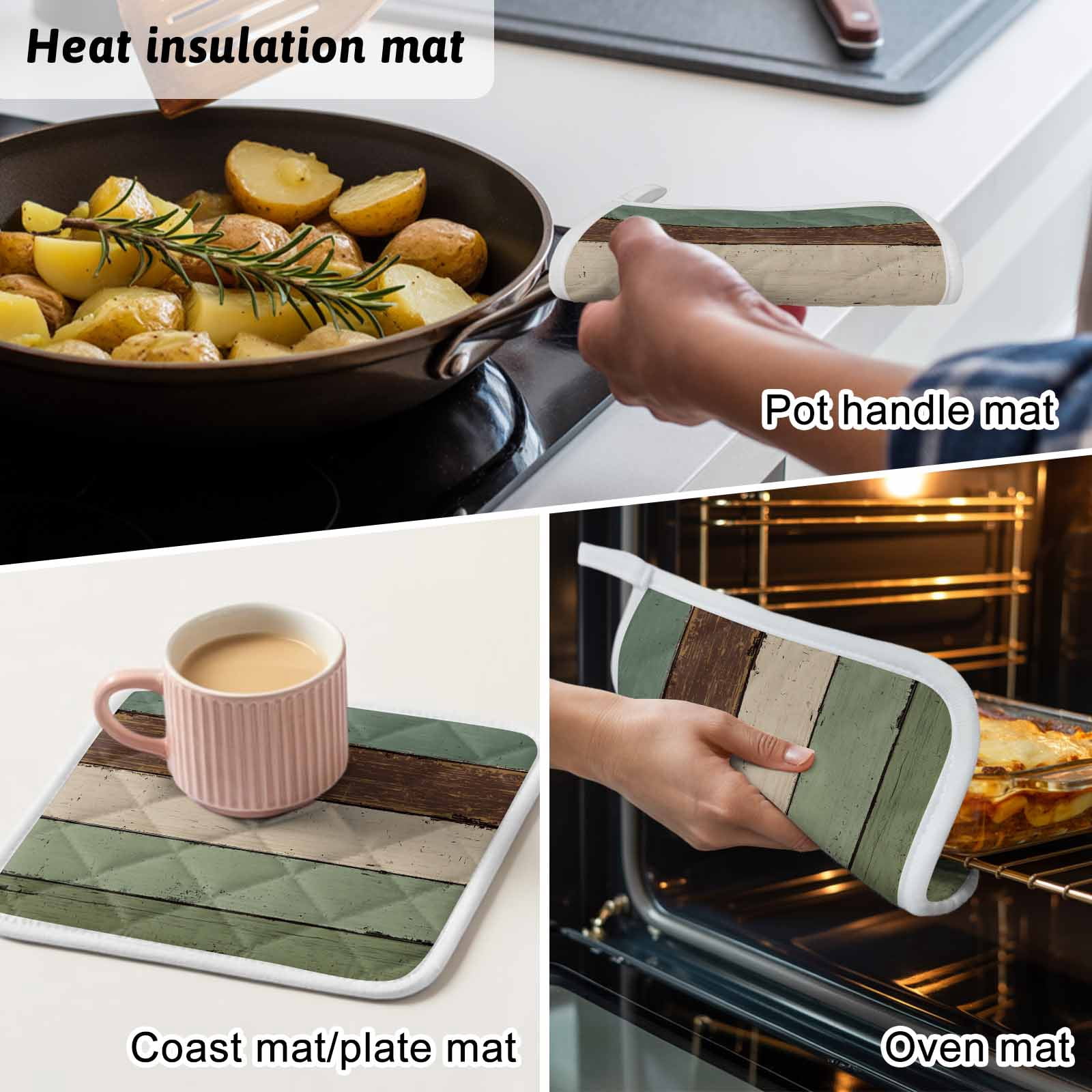 Green Brown Pot Holders for Kitchen Heatproof Potholder, 3 Pack Country Wood Grain Abstract Stripe Hot Pads Multipurpose Oven Pads Cloth Potholders Trivet for Cooking Baking