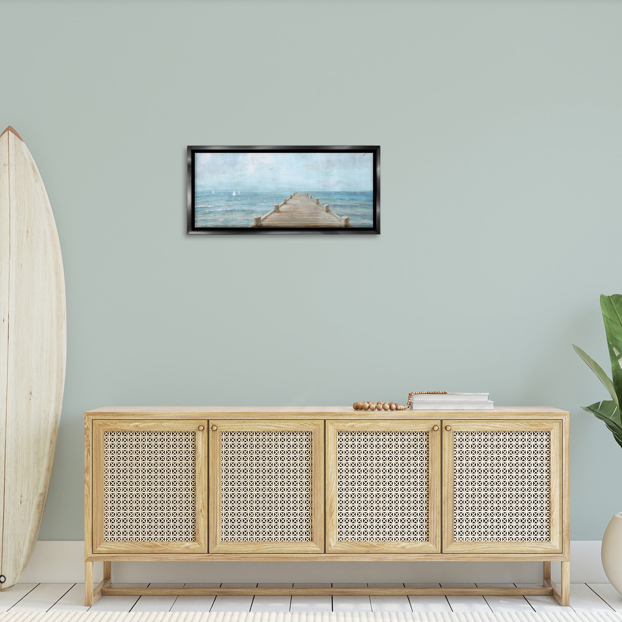 Stupell Industries Waterfront Pier Coastal Ocean View Nature Painting Black Floater Framed Canvas Art Print Wall Art, 31 x 14