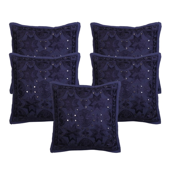 Stylo Culture Indian Sofa Throw Pillow Covers 16 x 16 Embroidered Dark Blue Bohemian 40cm x 40cm Bedroom Cotton Mirrored Square Cushion Covers | Set Of 5