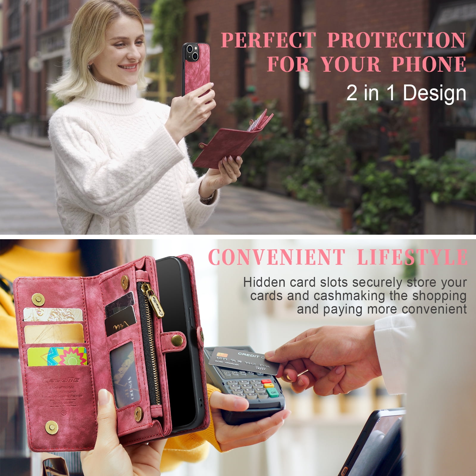 For Apple iPhone 14 Plus Wallet Case,Multi-Functional Retro Leather Purse Flip Cover Zipper Wallet Case with Removable Card Slots Pocket & Detachable Wrist Strap Magnetic Phone Case, Red