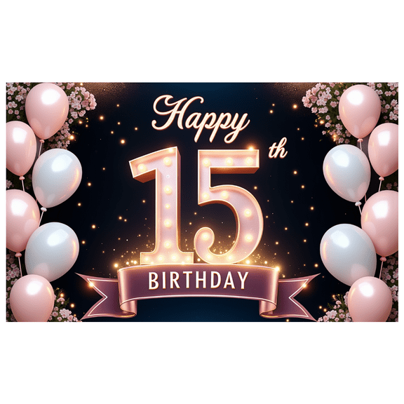 Pink Balloons Happy 15th Birthday Warm Light Floral Theme Banner for Teen Celebration Birthday Party Indoor Decoration