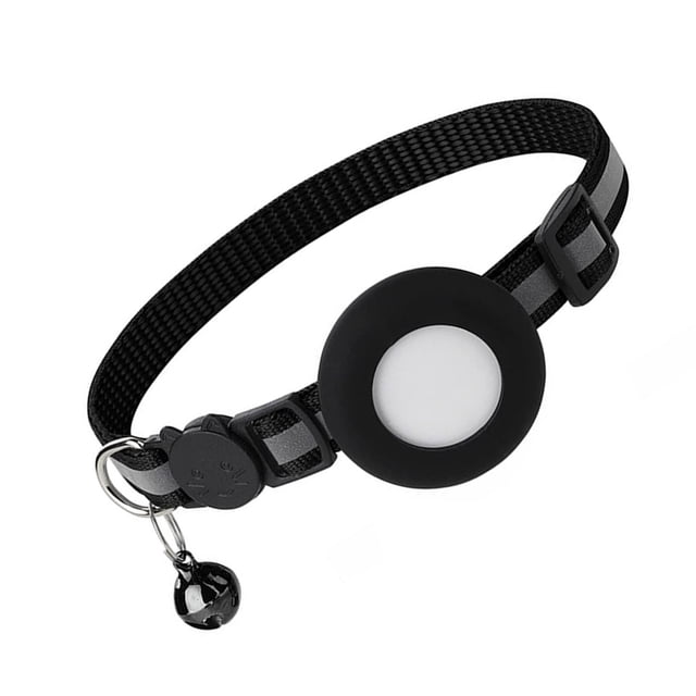 Collar de gato Collar de nailon reflectante Hebilla de seguridad Campana extraíble GPS Seguimiento de mascotas Collar de posicionamiento con bolsillo para soporte Airtag Negro