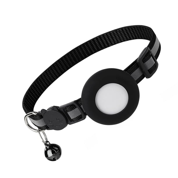 Collar de gato Collar de nailon reflectante Hebilla de seguridad Campana extraíble GPS Seguimiento de mascotas Collar de posicionamiento con bolsillo para soporte Airtag Negro