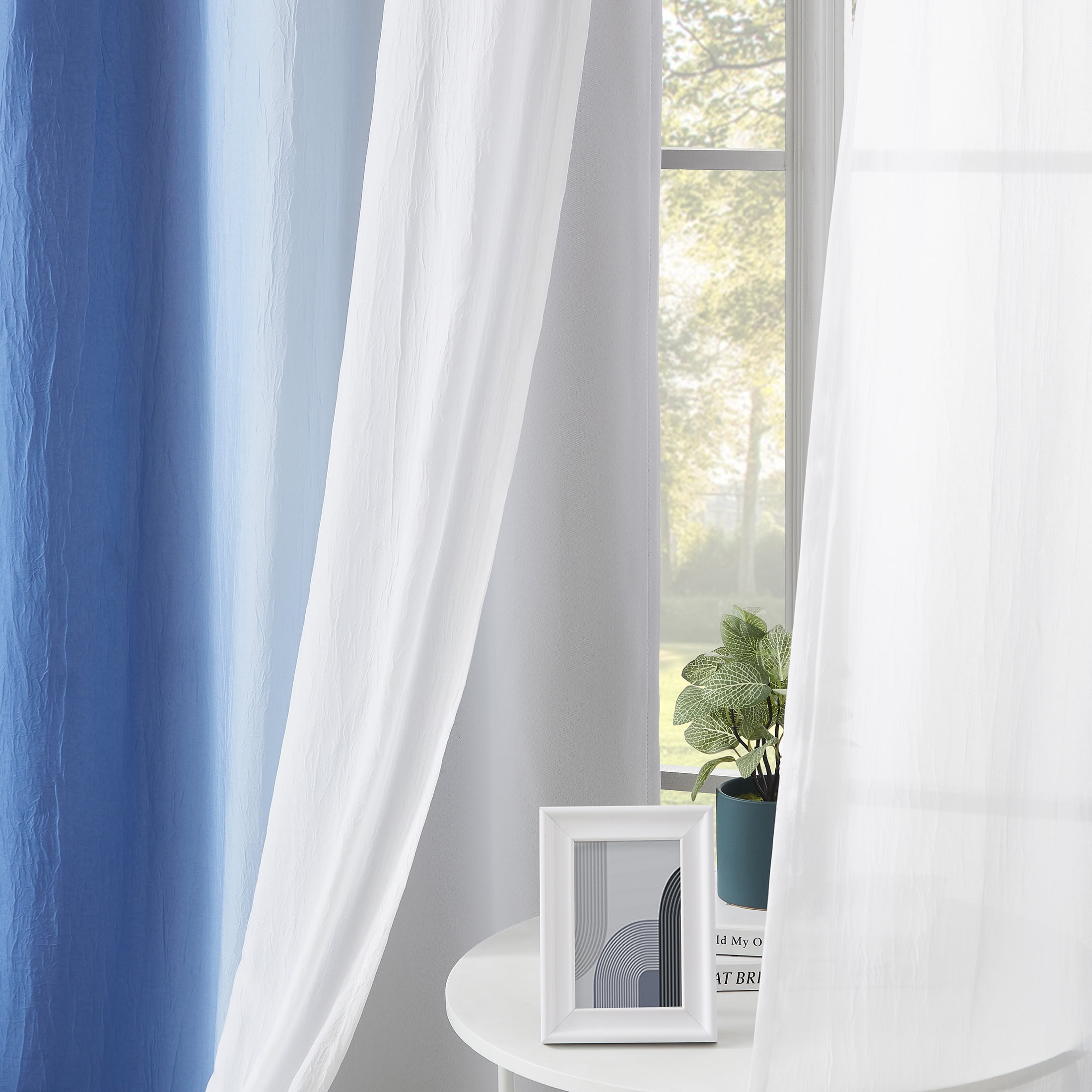 Junvictex White Blackout Curtains Double Layers Grommet Panels Blue Ombre Sheers 52"Wx95"L,4pcs