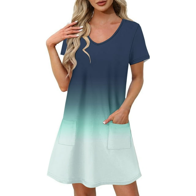 Liquidation d'Été 2025! Robe Grande Taille pour Femmes, Liquidation de Robe d'Été pour Femmes, Mode Féminine Robe Décontractée à Manches Courtes Dégradées Col en V