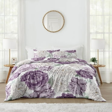 Sweet Jojo Designs Peony Floral Garden Purple Ivory and Green Full/Queen Bed Comforter 3 Piece Bedding Set - 3 Piece