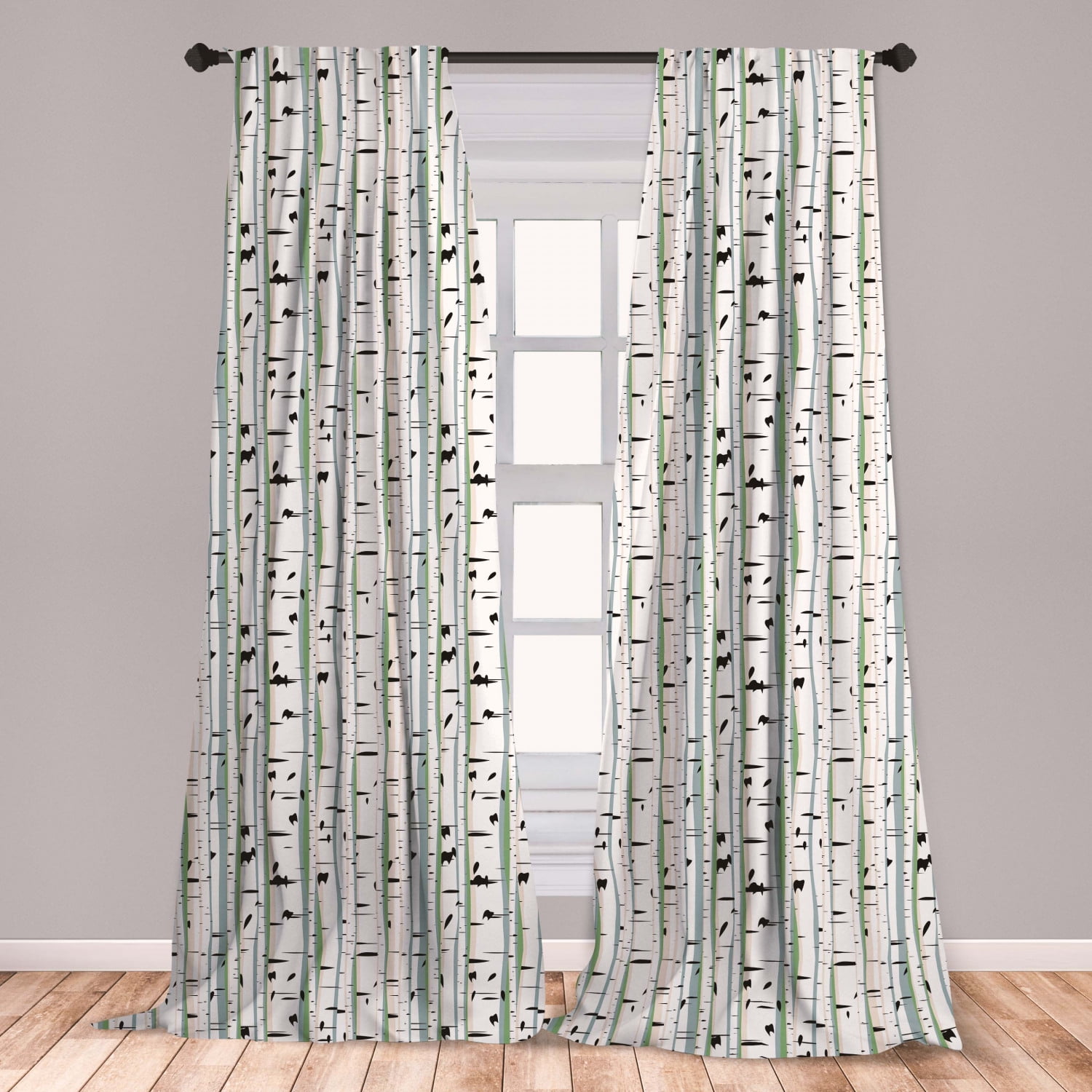 Tree Curtains 2 Panels Set, Trunks of Birches Colorful Dense Forest Design Botanical Spring