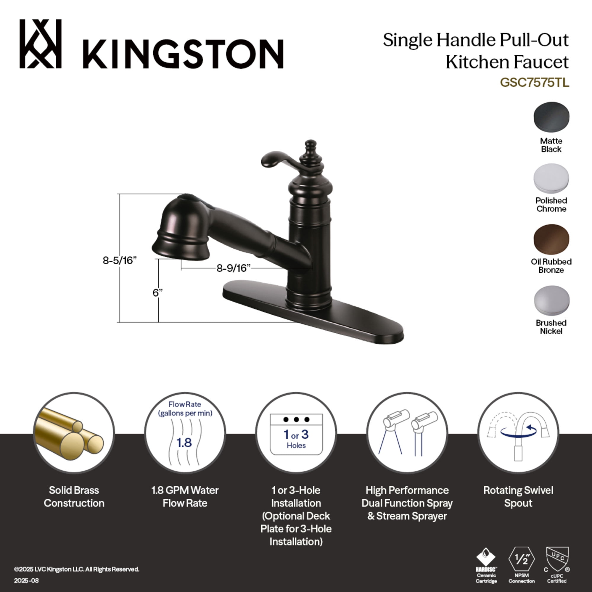 Kingston Brass GSC7578TL Single-Handle 1-or-3 Hole Deck Mount Pull-Out Sprayer Kitchen Faucet in Brushed Nickel