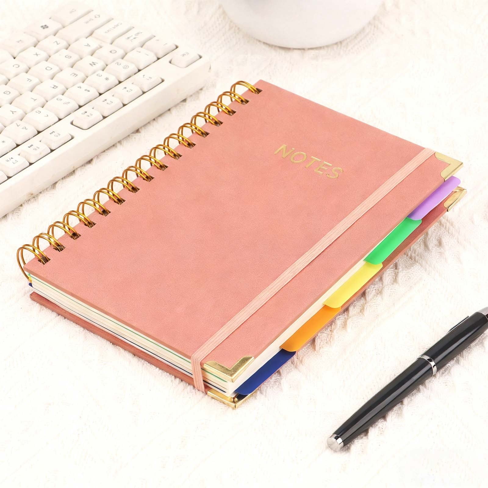 Hardcover Spiral Notebook journal with Removable Dividers Tabs,300 Pages Leather 5 Subject Notebook College Ruled,A5 Notebooks for Work School Note taking,Lined Journal for Women,8.3x5.7in