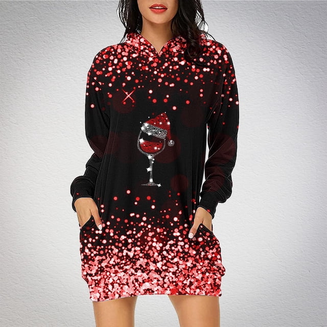 Jsaierl Robe à Capuche de Noël pour Femmes Manches Longues Imprimé Verre Tunique à Capuche Chandail en Molleton de Noël Robe de Fête avec Poches