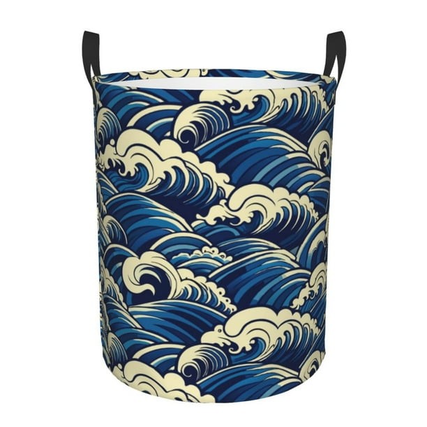 Balery Japanese Water Wave Cesta de ropa redonda con asas, impermeable, independiente, para ropa, juguetes, dormitorio y familia-Medium
