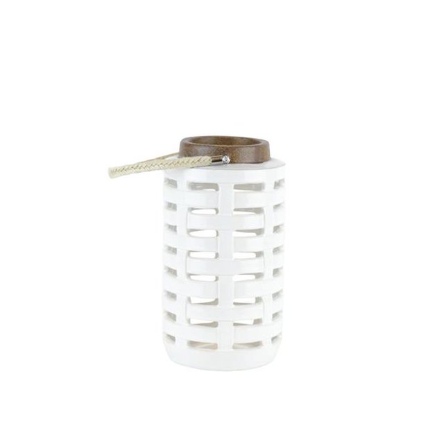 Benzara BM188130 Lattice Cutout Patterned Ceramic Lantern with Rope Handle - Brown & White - Large