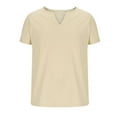 thumbnail image 4 of MIUOWANP Oversized Men's Short Sleeve Shirts Casual Solid Color Cotton And Linen Short Sleeve V-Neck Blouses Size XXXL(14)Khaki, 4 of 5