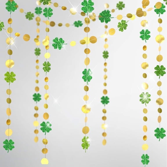Janrevotw Green Shamrock Garland St Patricks Day Decorations 4 Leaf Clover Glitter St Paddy's Day Garland Hanging Streamers for St. Patrick's Day Irish Party Supplies and Spring Decor 52Ft
