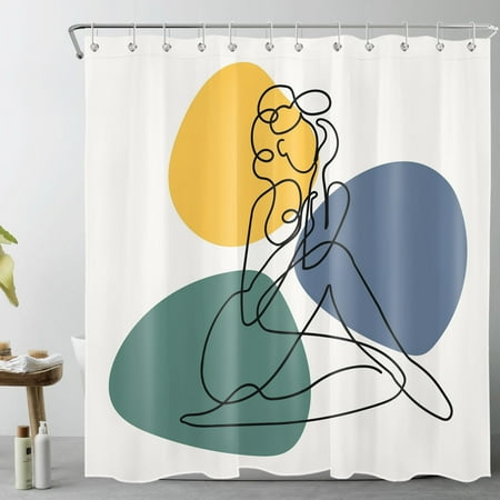 HVEST Abstract Minimalism Shower Curtain , Cute Line Girl Shape with Colorful Geometric Shapes,On White Bathroom Shower Curtain Polyester Fabric Decor Curtain with Hooks, 72X72 inch