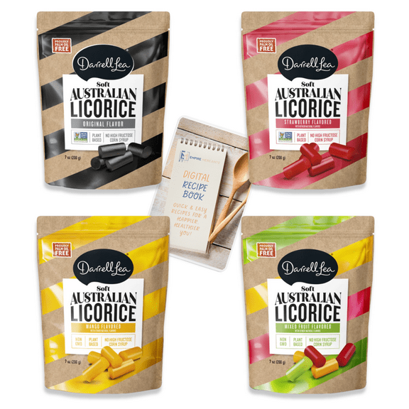 Darrell Lea Soft Australian Licorice Variety Pack of 4 with Empire Mercante Digital Recipe Book,1 of each (Original Black Licorice,Strawberry Licorice,Mixed Fruit Licorice,Mango Licorice) 28 oz total