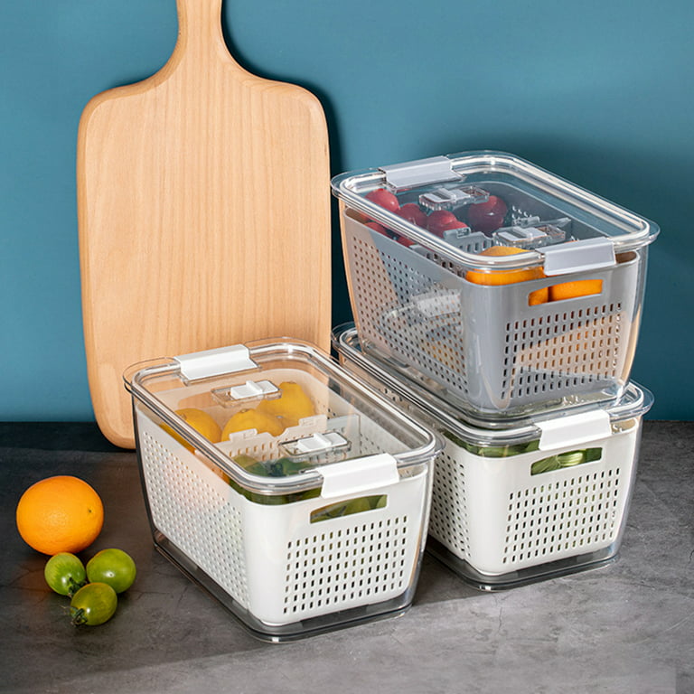 4 Pack Fruit Storage Containers for Fridge - Large Produce Saver Containers  with Lid & Colander, Plastic Vegetable Storage Salad Berry Container Lettuce  Keeper Refrigerator Organizer Bins -Green/White