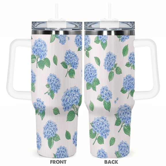 40oz Blue Hydrangea Travel Tumbler with Handle and Straw Lid Pink Stripe Floral Insulated Car Coffee Cup Gift for Women
