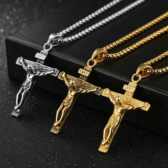 GKNET Mens Silver Stainless Steel Jesus Christ Crucifix Cross Pendant Necklace C_tu-Gold