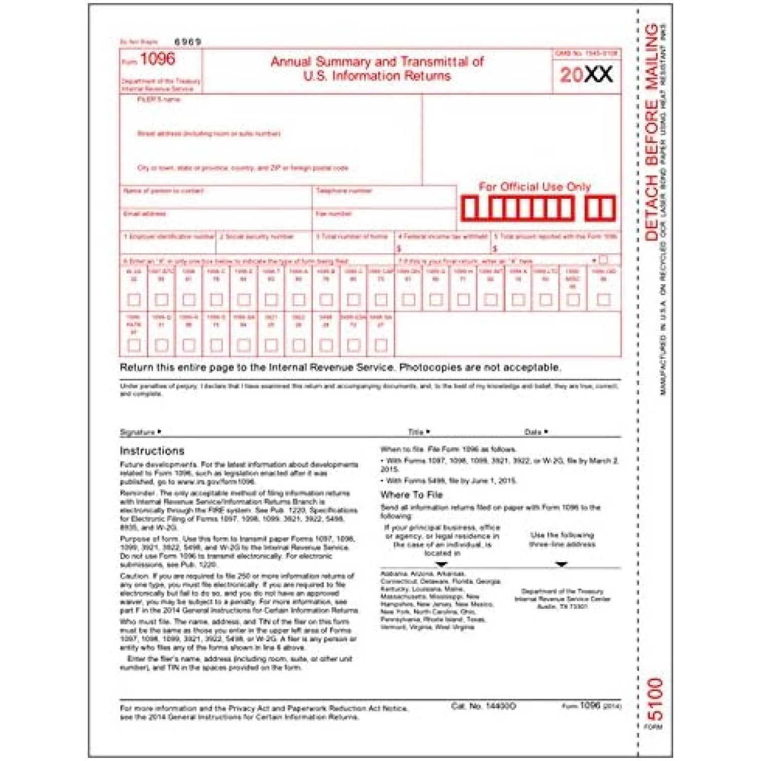 IRS Approved 1096 Laser Transmittal/Summary Tax Form 25 Pack